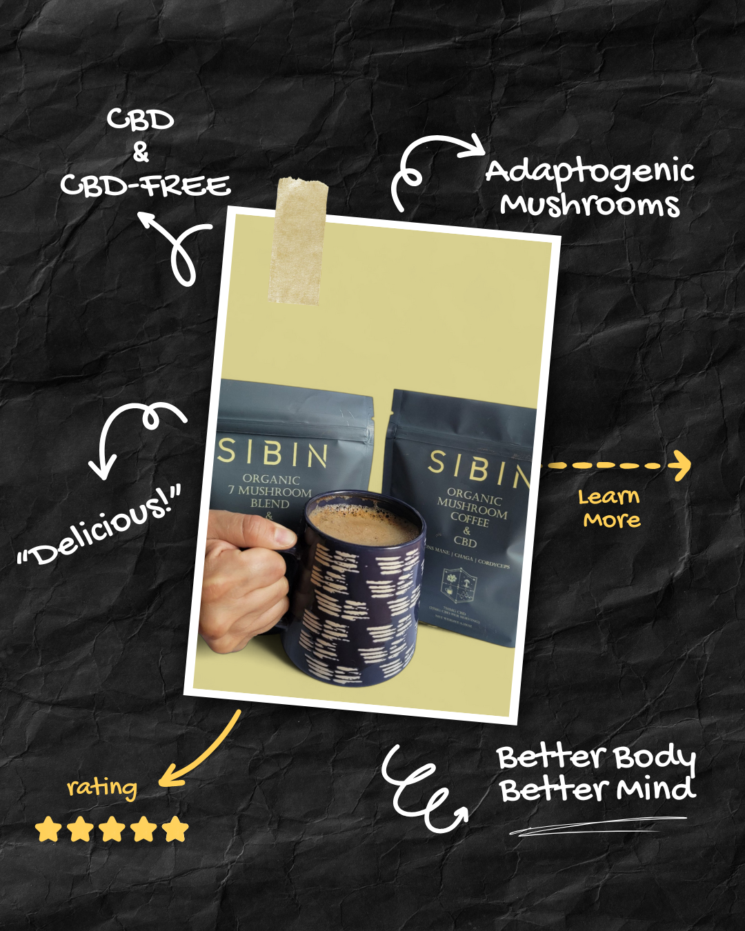 SIBIN organic mushroom coffee with CBD and 7-mushroom blend with CBD pouches, brewed drink in front, and 'Learn More' text pointing to dropdown menu for product info