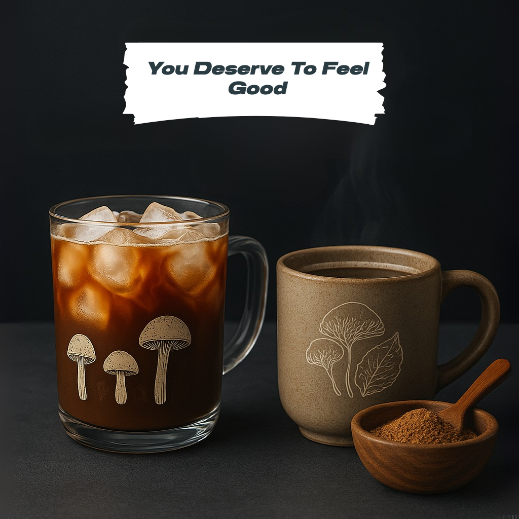 A cozy scene featuring two mugs of mushroom coffee—one iced in a clear glass with ice cubes and mushroom illustrations, the other hot in a ceramic mug with steam rising. A wooden bowl filled with coffee powder and a small wooden spoon sits in front of the mugs. The background is dark, with the bold text "Functional Mushrooms" and the tagline "Sleep Better. Wake Better. Live Better." above, with "Sleep Better" in a lighter blue for emphasis.