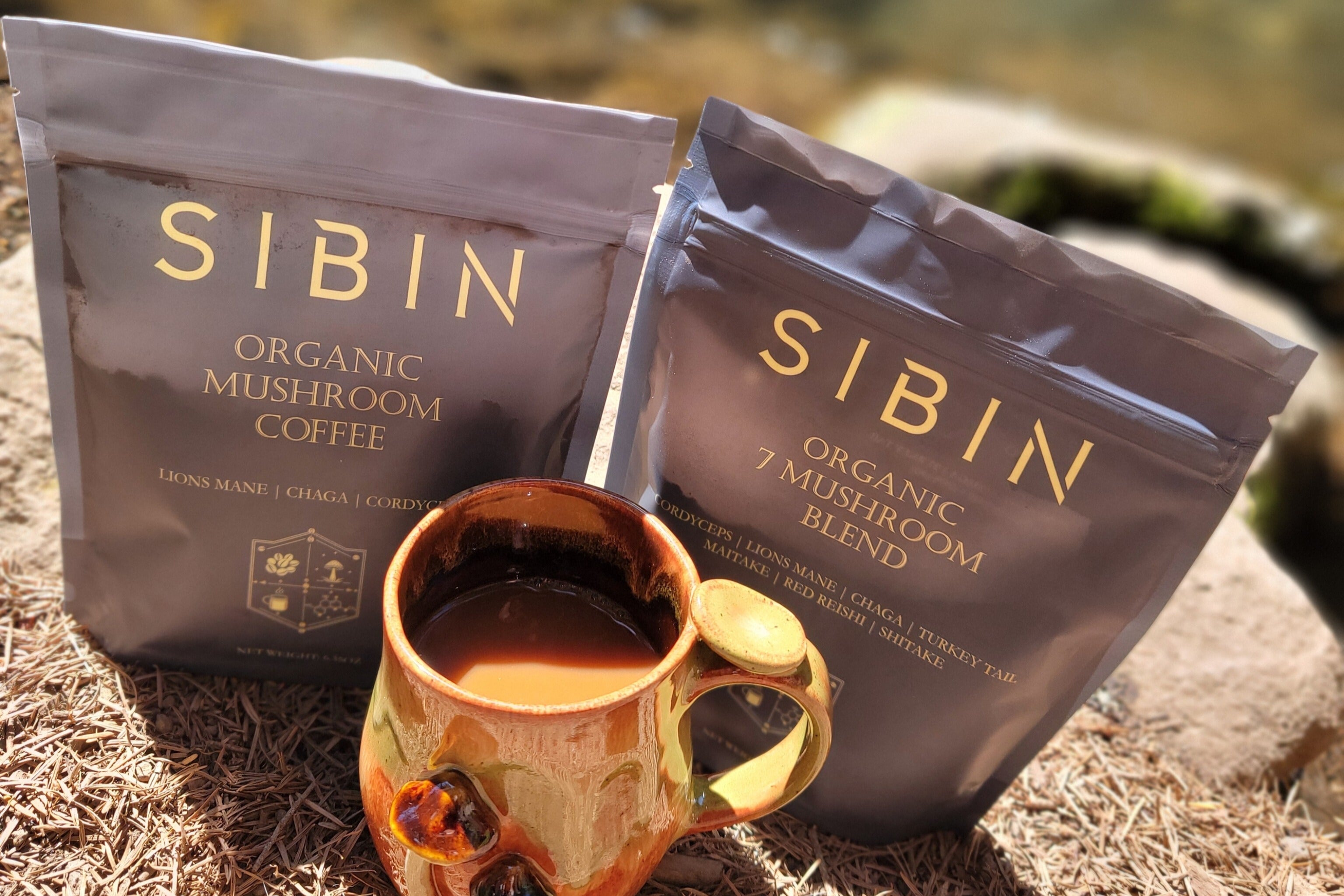 SIBIN 7-mushroom blend and organic mushroom coffee pouches with a brewed cup in a mushroom mug – functional drinks with and without CBD